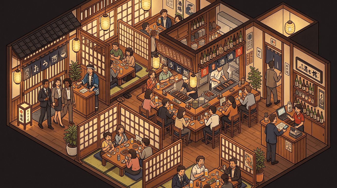 居酒屋の店内導線や顧客体験をイメージしたイラスト